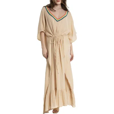Saachi Colorful Crochet V-neck Cover-up Kaftan In Beige
