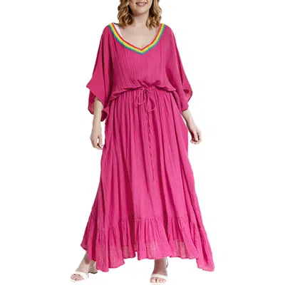 Saachi Colorful Crochet V-neck Cover-up Kaftan In Magenta