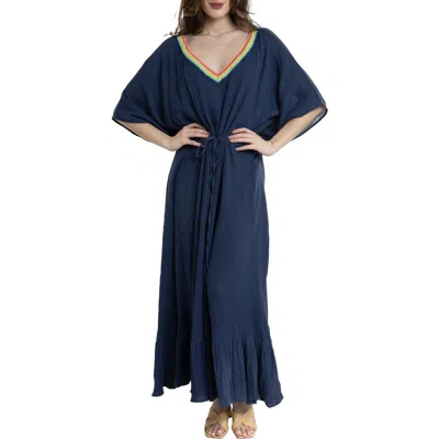 Saachi Colorful Crochet V-neck Cover-up Kaftan In Blue