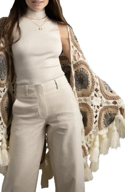 Saachi Crochet Tassel Sunshine Shawl In Ivory Multi