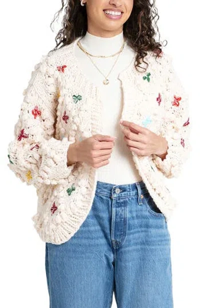 Saachi Cross Stitched Pompom Cardigan In White