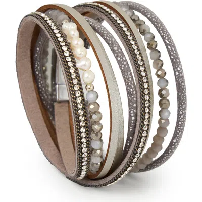 Saachi Crystal Wrap Faux Leather Bracelet In Silver