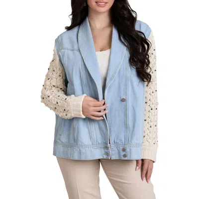 Saachi Embellished Knit Sleeve Denim Jacket In Blue