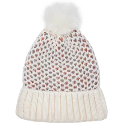 Saachi Faux Fur Pom Rainbow Patterned Knit Beanie In White