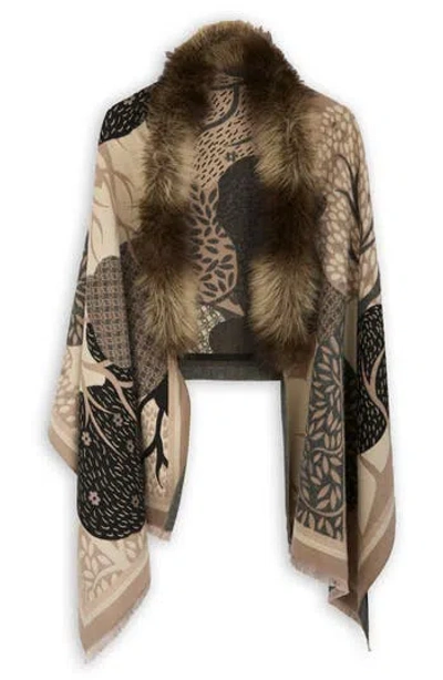 Saachi Faux Fur Trim Reversible Scarf In Brown