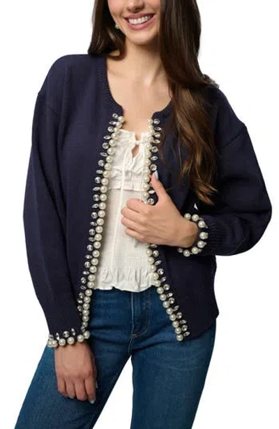 Saachi Faux Pearl & Crystal Cardigan In Blue