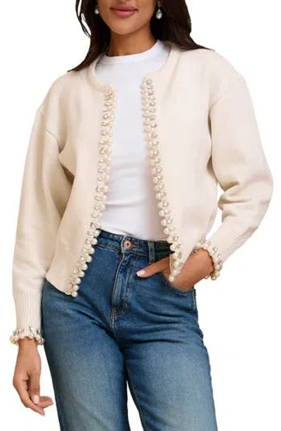 Saachi Faux Pearl & Crystal Cardigan In Neutral
