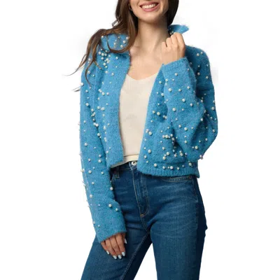 Saachi Faux Pearl Bead Open Front Cardigan In Blue