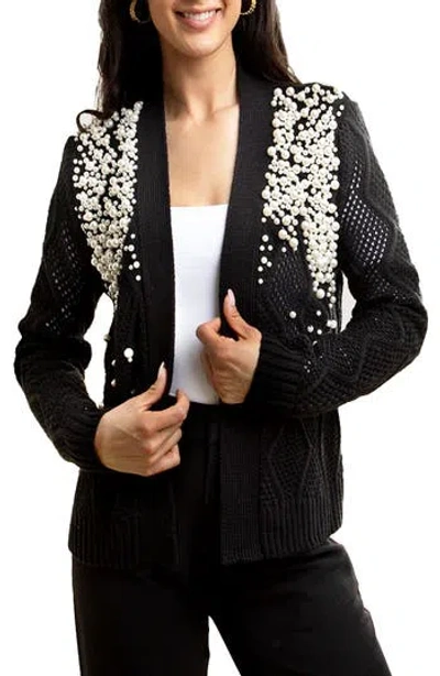 Saachi Faux Pearl Open Knit Cardigan In Black
