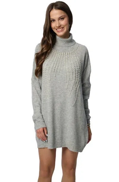 Saachi Faux Pearl Turtleneck Tunic Sweater In Gray