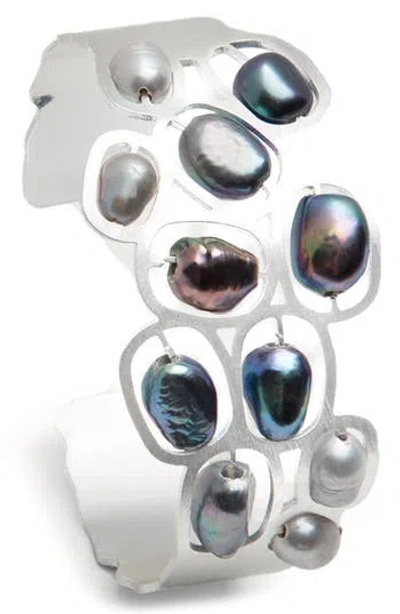 Saachi Faux Pearled Cut Out Waved Cuff Bracelet In Metallic