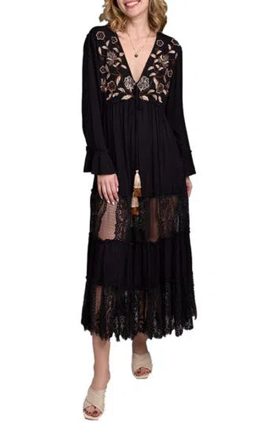 Saachi Floral Embroidered Lace Long Sleeve Tiered Caftan In Black