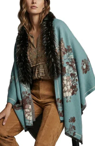 Saachi Floral Faux Fur Trim Scarf In Blue