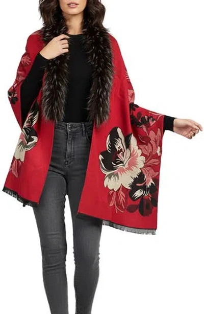 Saachi Floral Faux Fur Trim Scarf In Red