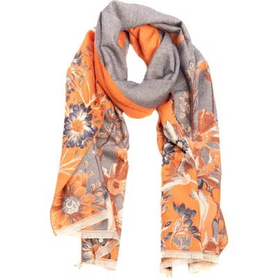 Saachi Floral Pattern Reversible Scarf In Grey/orange