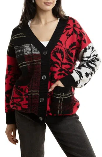 Saachi Floral Plaid Colorblock Cardigan In Black