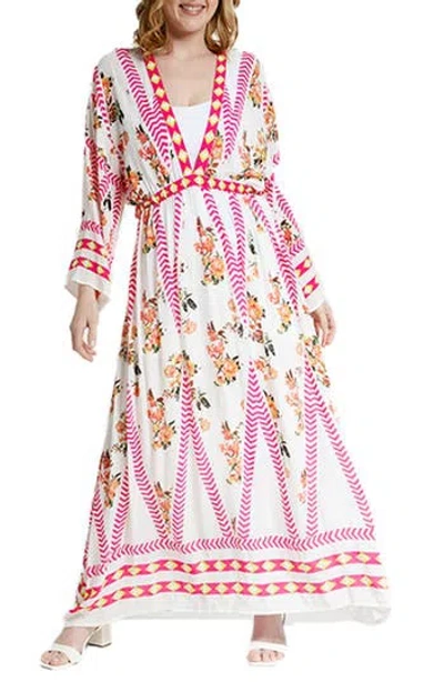 Saachi Floral Print Plunge Neck Cover-up Kaftan In White Combo