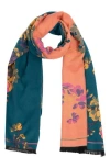 Saachi Floral Reversible Scarf In Teal/orange/pink