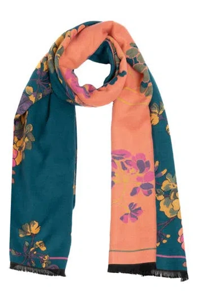 Saachi Floral Reversible Scarf In Teal/orange/pink