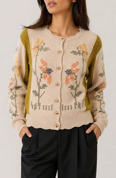 Saachi Floral Stitch Cardigan In Sand