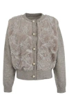 Saachi Flower Faux Fur Velour Cardigan In Gray