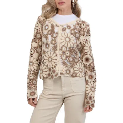 Saachi Flower Open Stitch Cardigan In Brown