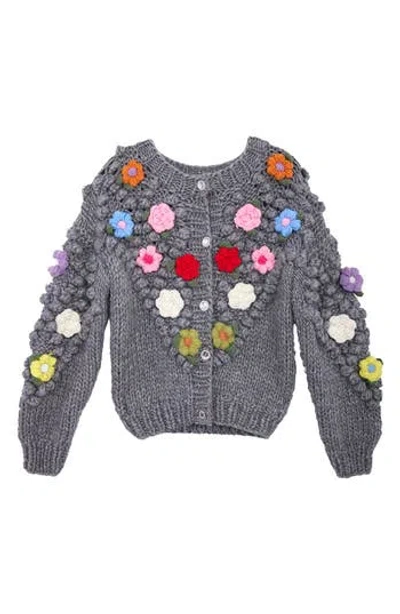 Saachi Flower Pompom Cardigan In Grey