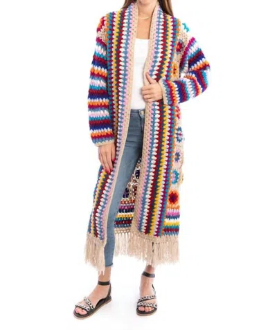 Saachi Fringed Crochet Long Kimono In Beige In Multi