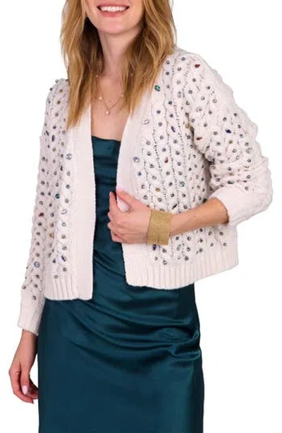 Saachi Gemstone Cable Knit Hooded Cardigan In White