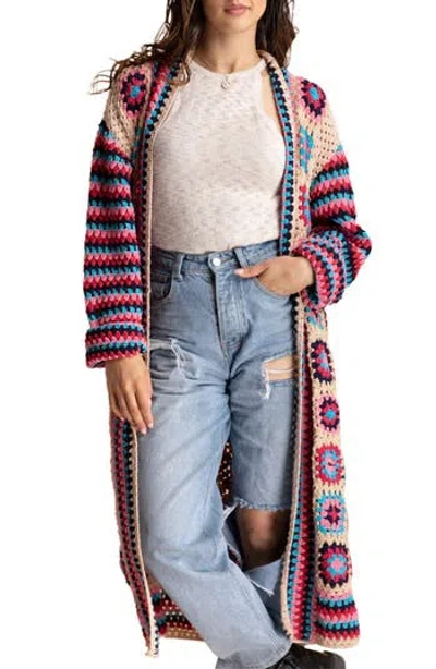 Saachi Crochet Knit Longline Cardigan In Pink