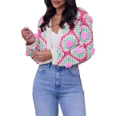 Saachi Granny Square Open Front Cardigan In White