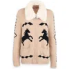 Saachi Horse Motif Cardigan With Faux Fur Collar In Neutral