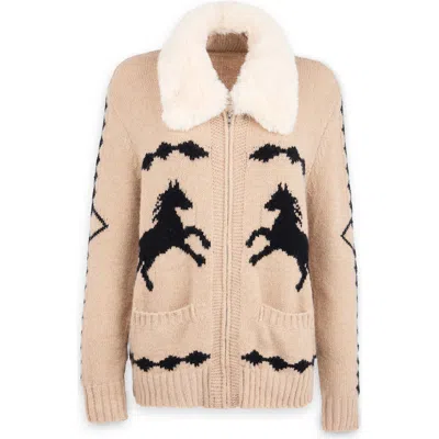 Saachi Horse Motif Cardigan With Faux Fur Collar In Neutral