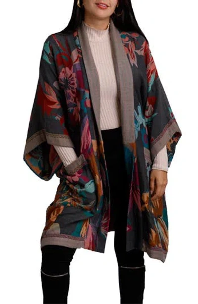 Saachi Keisha Long Floral Pattern Duster Jacket In Grey/pink
