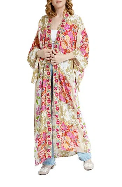 Saachi Lacy Floral Print Cover-up Kaftan In Pink Multi