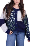 Saachi Leopard Patchwork Knit Cardigan Sweater In Navy