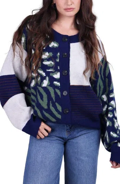 Saachi Leopard Patchwork Knit Cardigan Sweater In Navy