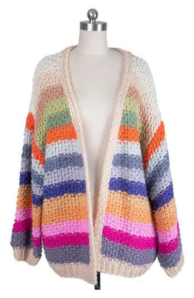 Saachi Mayflower Stripe Crochet Cardigan In Beige Multi