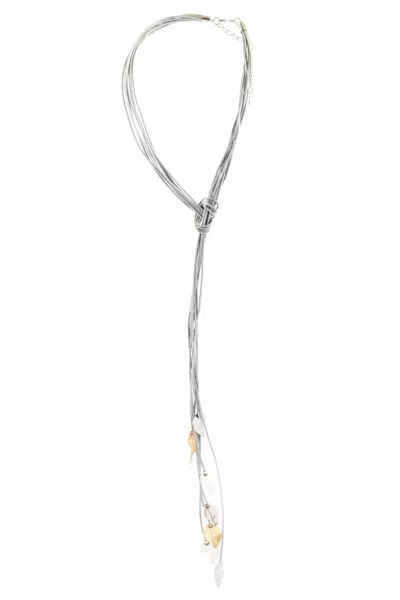Saachi Men's Grey Metallic Leaf Leather Necklace