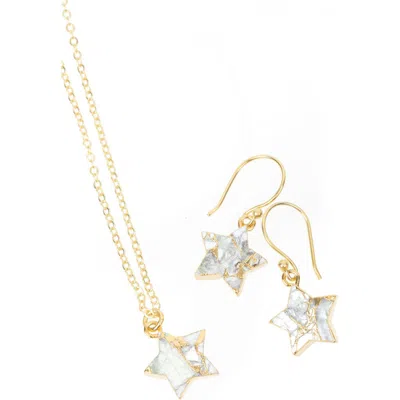 Saachi Mini Star Earrings And Necklace Set In Gold/white