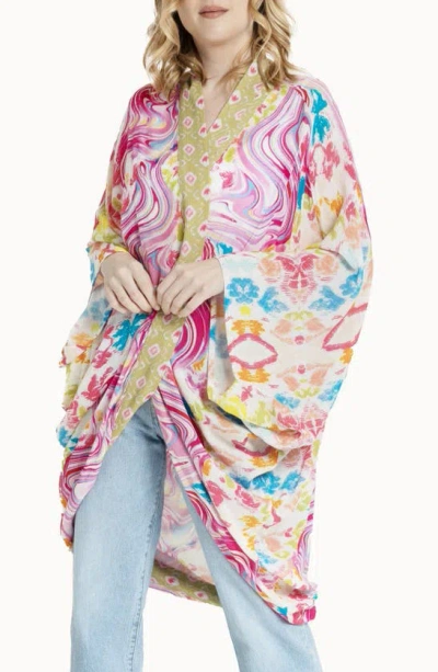 Saachi Mix Print Ruana In Pink Multi