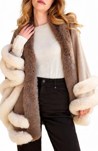 Saachi Ombre Faux Fur Trimmed Cape In Neutral