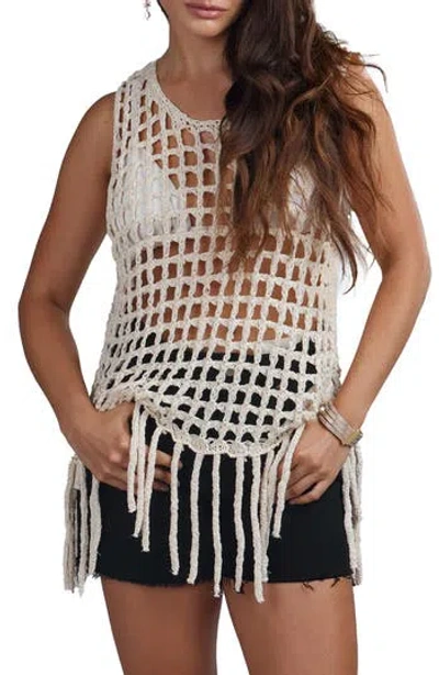 Saachi Open Weave Fringe Cover-up Top In Ivory