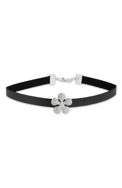 Saachi Pavé Crystal Flower Leather Choker Necklace In Black