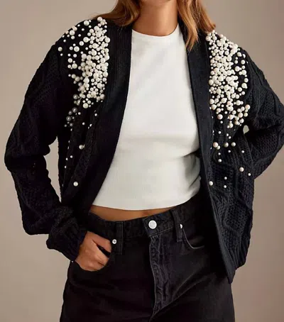 Saachi Pearl Embellished Cable Knit Cardigan In Black