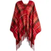 Saachi Plaid Fringe Poncho In Red