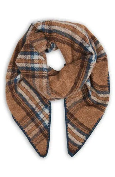 Saachi Plaid Triangle Knit Trim Shawl In Brown