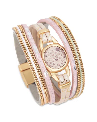 Saachi Leather Snake Skin Print Medallion Bracelet In Gold