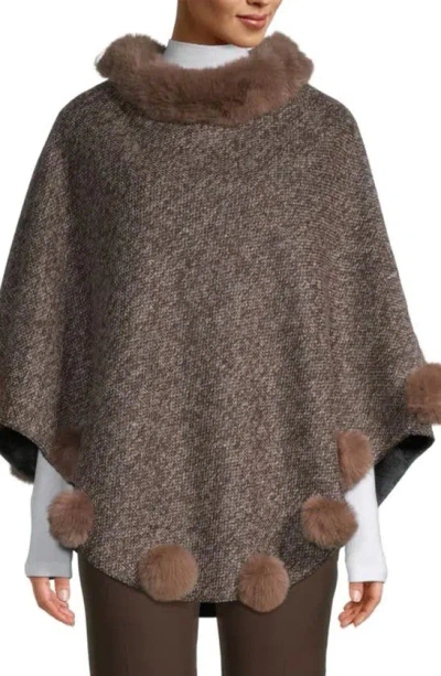 Saachi Posey Faux Fur Pompom Adorned Poncho In Camel