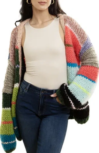 Saachi Rainbow Chunky Knit Cardigan In Black/blue/red Multi